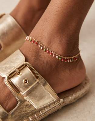 ASOS DESIGN - Goldfarbenes Fußkettchen mit bunten Mikro-Perlen