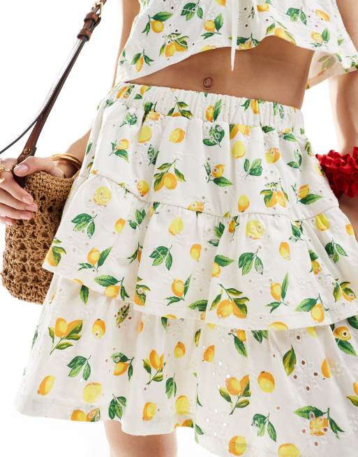 ASOS DESIGN Gonna a balze in pizzo con stampa di limoni ASOS