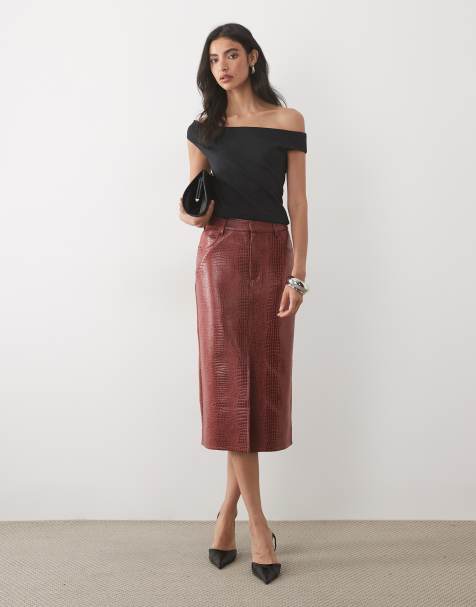 ASOS DESIGN gonna a tubino in jersey effetto coccodrillo effetto pelle bordeaux - view 1