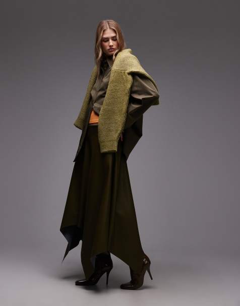 ASOS DESIGN - Gonna a vita medio alta in similpelle PU color oliva con fondo a fazzoletto asimmetrico - view 1