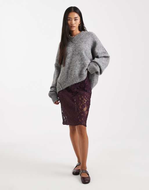 ASOS DESIGN - Gonna al ginocchio color prugna in pizzo trasparente, 4 di 5