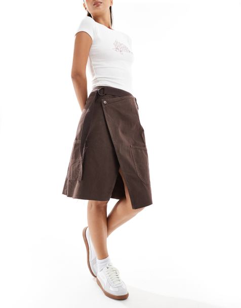 ASOS DESIGN - Gonna al ginocchio marrone a portafoglio con tasca - view 1