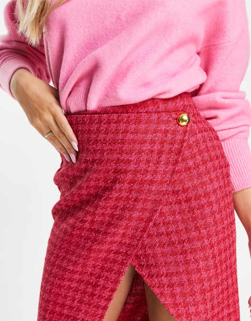 ASOS DESIGN - Gonna al polpaccio avvolgente in bouclé pied de poule rosa , 3 di 4