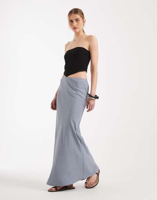 ASOS DESIGN - Gonna al polpaccio effetto lino blu con taglio sbieco