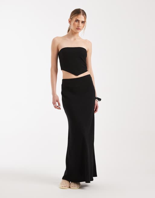 ASOS DESIGN - Gonna al polpaccio effetto lino nera con taglio sbieco