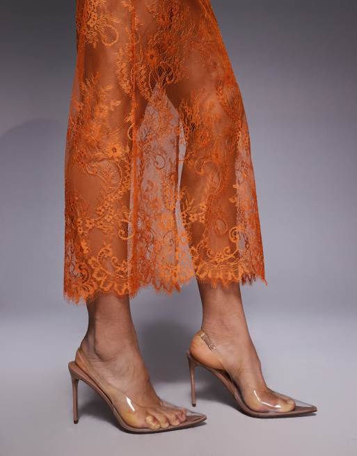 ASOS DESIGN - Gonna al polpaccio in delicato pizzo trasparente arancione, 3 di 5