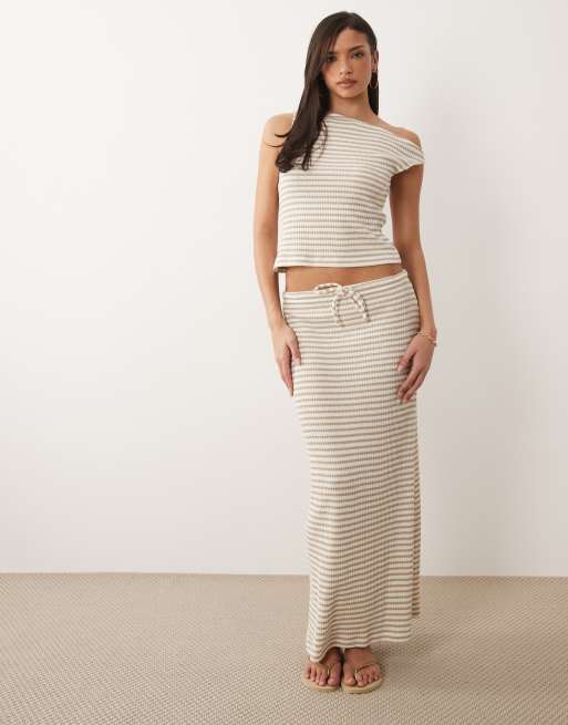 ASOS DESIGN - Gonna al polpaccio testurizzata color kaki e crema a righe in coordinato, 1 di 5
