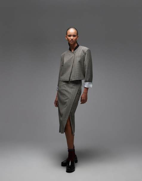 ASOS DESIGN - Gonna avvolgente sartoriale blu e grigia a quadri con fascia in vita doppia - view 1