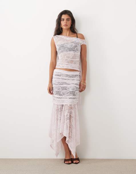 ASOS DESIGN - Gonna corta in pizzo color block rosa e marrone in coordinato - view 1