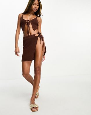 ASOS DESIGN light knit micro beach skirt co-ord with tie detail in brown - ASOS Price Checker
