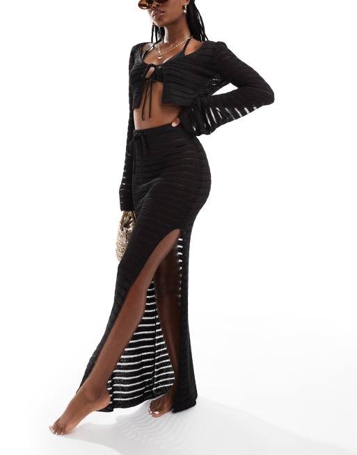 ASOS DESIGN - Gonna da spiaggia lunga in maglia nera a righe