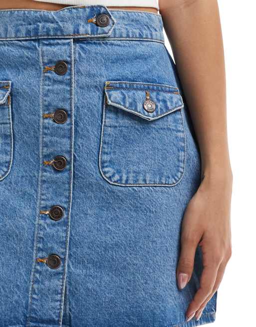 ASOS DESIGN Gonna di jeans corta con bottoni blu lavaggio medio ASOS
