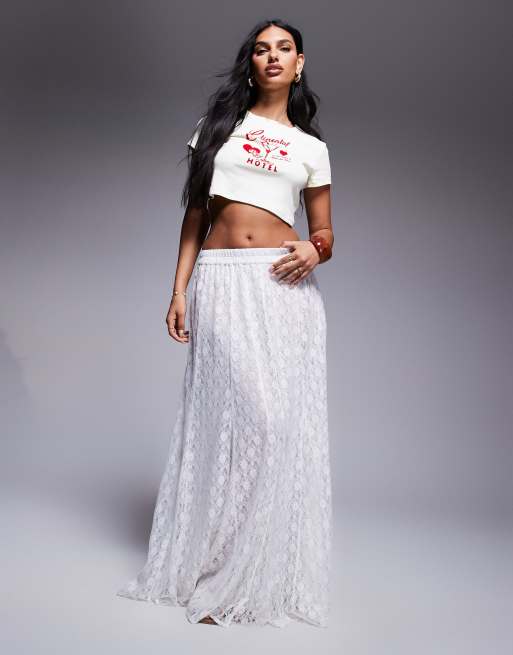 ASOS DESIGN - Gonna godet lunga in pizzo color avorio