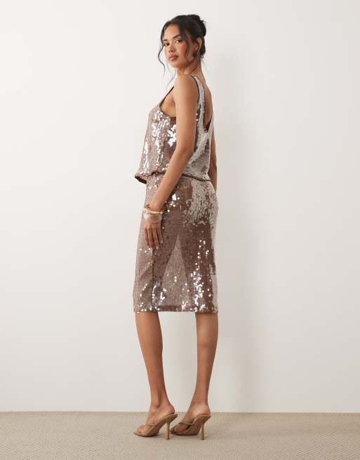 ASOS DESIGN - Gonna longuette marrone con paillettes di vetro in coordinato, 4 di 5