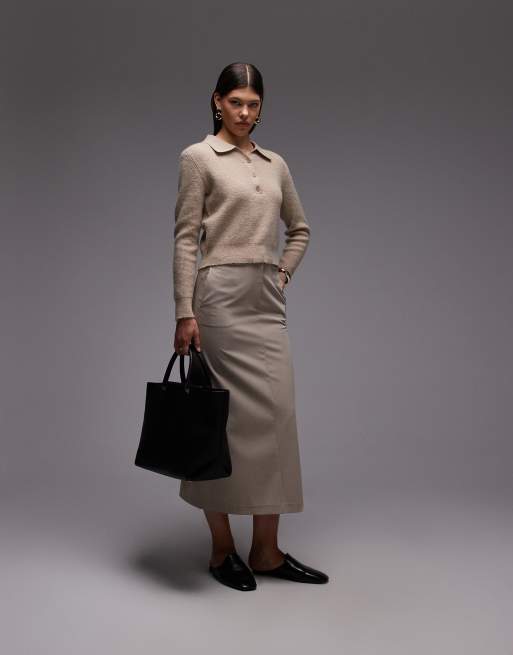 ASOS DESIGN - Gonna longuette sartoriale color pietra con cintura