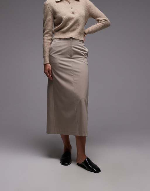 ASOS DESIGN - Gonna longuette sartoriale color pietra con cintura, 2 di 5