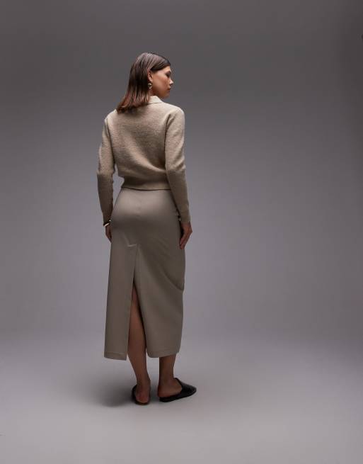 ASOS DESIGN - Gonna longuette sartoriale color pietra con cintura, 5 di 5