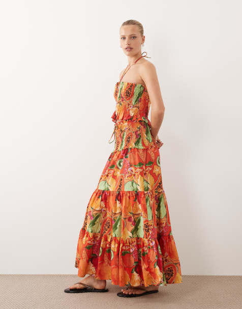 ASOS DESIGN - Gonna lunga a balze a punto smock in vita con stampa di frutta in coordinato - view 1