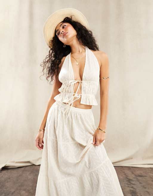 ASOS DESIGN Gonna lunga a balze color crema con ricami in coordinato