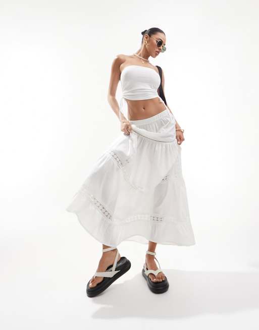 ASOS DESIGN - Gonna lunga a balze con inserti in pizzo color avorio
