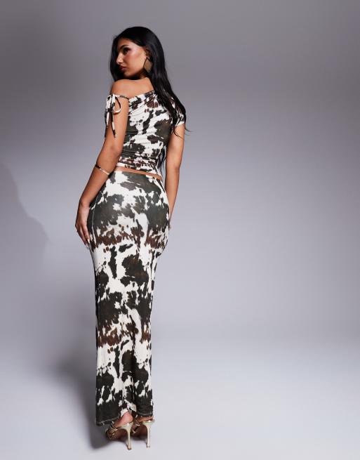 ASOS DESIGN - Gonna lunga a colonna a doppio strato con stampa pezzata marrone in coordinato, 4 di 5