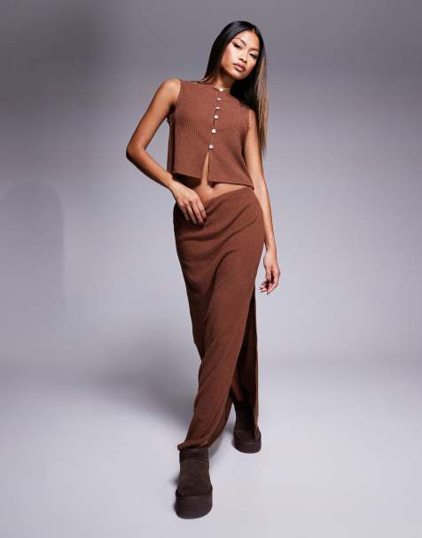 ASOS DESIGN - Gonna lunga a colonna spazzolata marrone a coste in coordinato - view 1