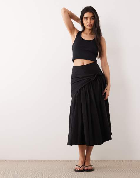 ASOS DESIGN - Gonna lunga a ruota in cotone nera allacciata in vita - view 1