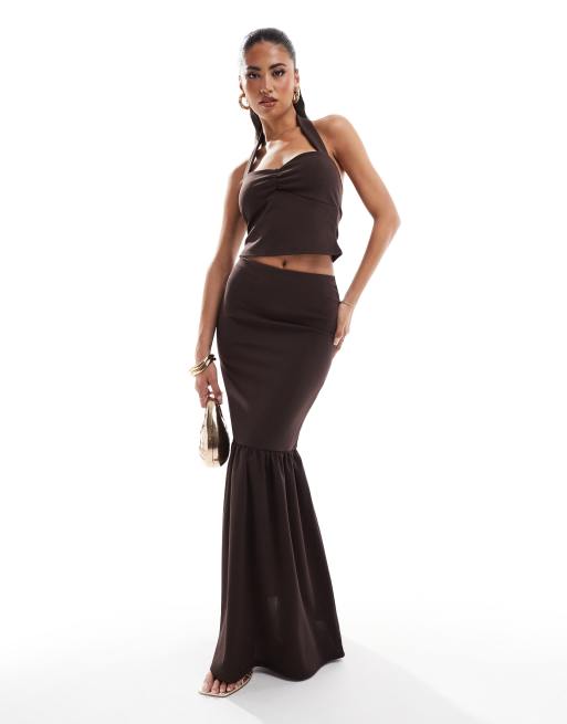ASOS DESIGN - Gonna lunga a sirena color cioccolato in coordinato