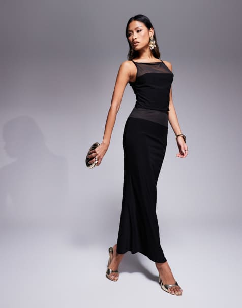 ASOS DESIGN - Gonna lunga a sirena nera aderente con pannello in rete in coordinato - view 1