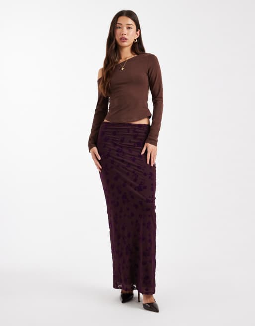 ASOS DESIGN - Gonna lunga a vita bassa color fico a fiori floccati