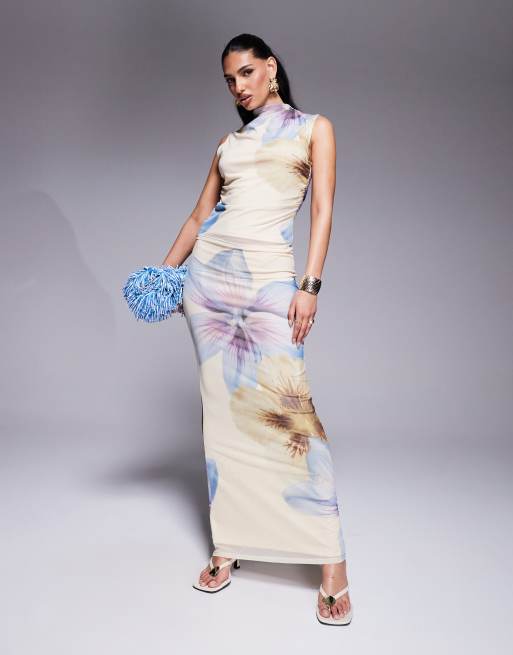 ASOS DESIGN - Gonna lunga a vita bassa in rete color latticello a fiori in coordinato
