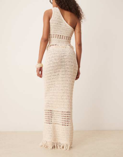 ASOS DESIGN - Gonna lunga all'uncinetto color pietra con frange in coordinato, 2 di 5