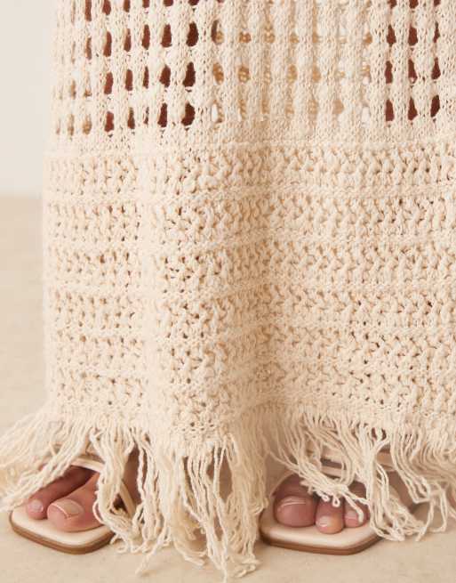 ASOS DESIGN - Gonna lunga all'uncinetto color pietra con frange in coordinato, 3 di 5