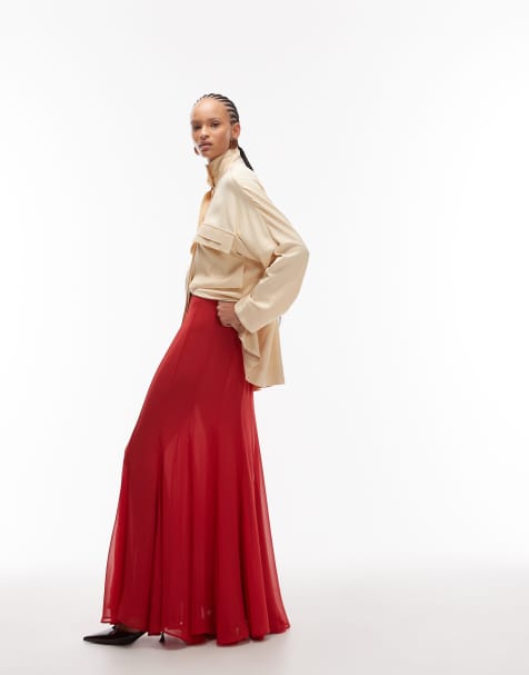 ASOS DESIGN - Gonna lunga ampia in chiffon rosso - view 1