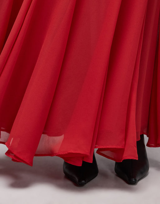ASOS DESIGN - Gonna lunga ampia in chiffon rosso, 3 di 5