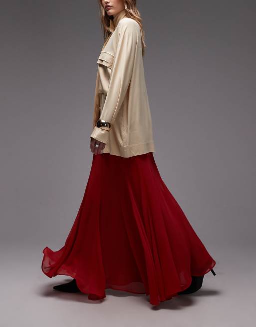 ASOS DESIGN - Gonna lunga ampia in chiffon rosso, 5 di 5
