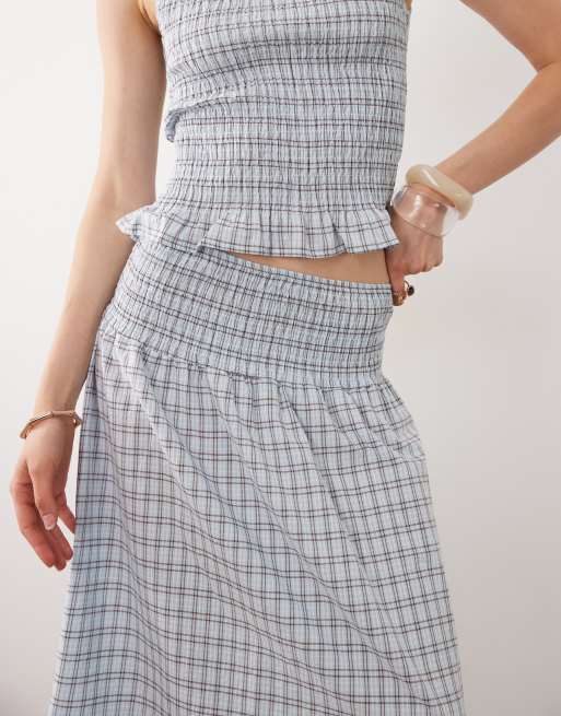 ASOS DESIGN - Gonna lunga blu a quadri con vita arricciata in coordinato, 2 di 4