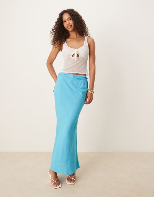 ASOS DESIGN - Gonna lunga blu in misto lino con taglio sbieco