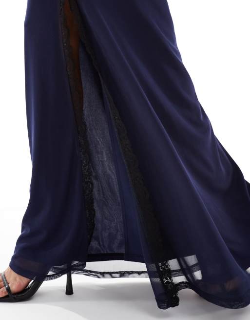 ASOS DESIGN - Gonna lunga blu navy con finiture in pizzo a contrasto in coordinato, 3 di 5