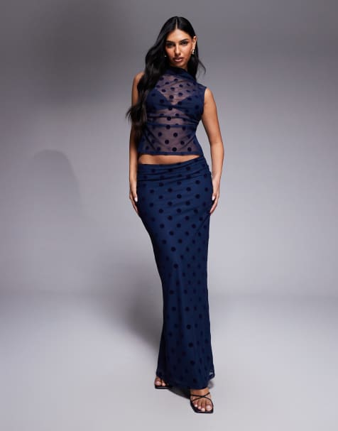 ASOS DESIGN - Gonna lunga blu navy in rete a pois floccati a vita bassa in coordinato - view 1