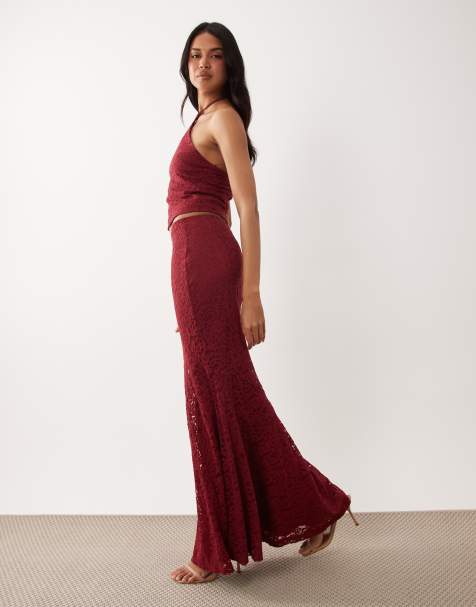 ASOS DESIGN - Gonna lunga bordeaux in pizzo con fondo a sirena in coordinato - view 1