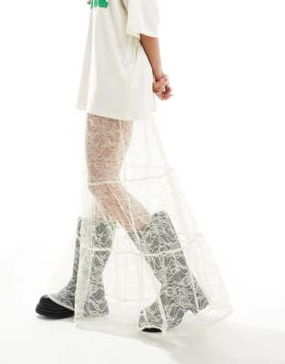 ASOS DESIGN - Gonna lunga color avorio in pizzo a balze