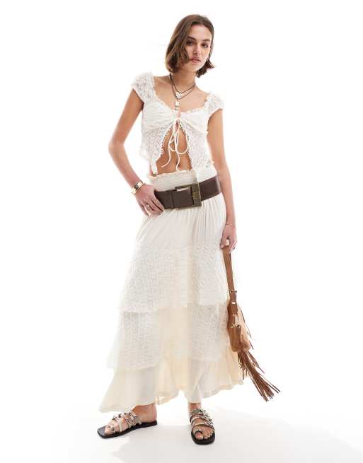 ASOS DESIGN - Gonna lunga color avorio in pizzo stropicciato con fondo a balze
