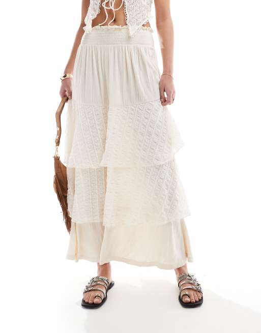 ASOS DESIGN - Gonna lunga color avorio in pizzo stropicciato con fondo a balze, 2 di 5