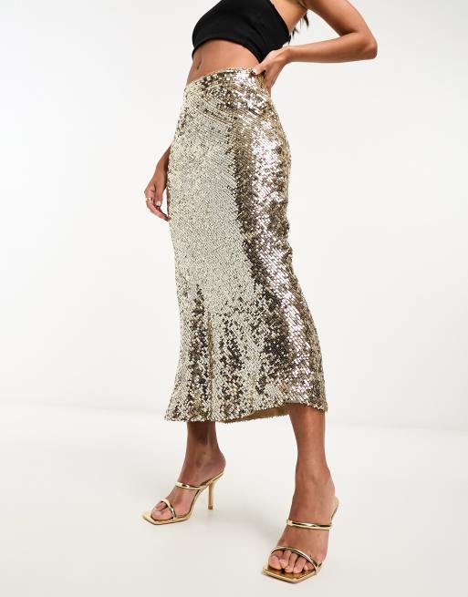 ASOS DESIGN Gonna lunga color oro con paillettes e taglio sbieco