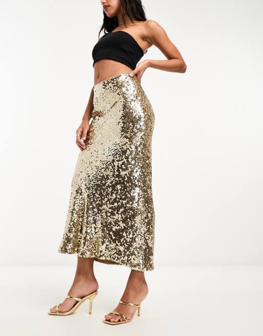 ASOS DESIGN Gonna lunga color oro con paillettes e taglio sbieco