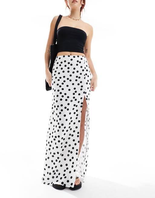 ASOS DESIGN - Gonna lunga con spacco color crema a pois