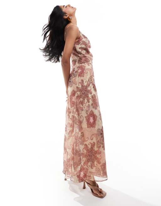 ASOS DESIGN - Gonna lunga con taglio sbieco in chiffon con stampa cachemire in coordinato