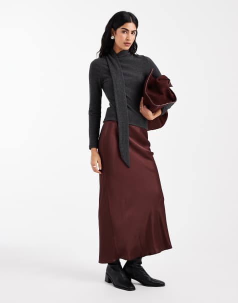 ASOS DESIGN - Gonna lunga con taglio sbieco in raso color cioccolato - view 1