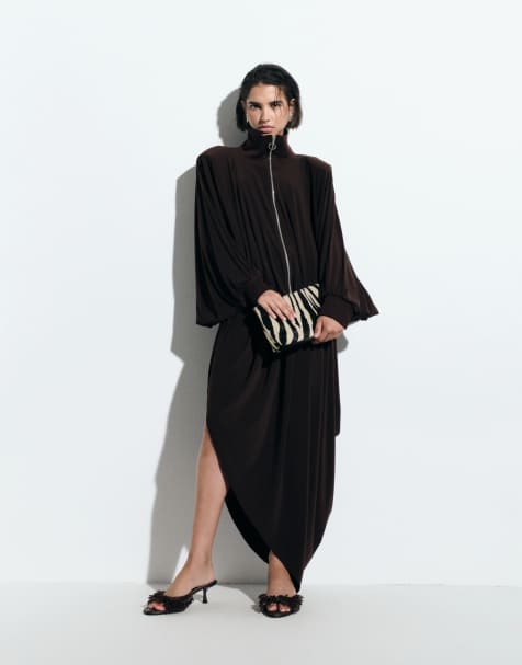 ASOS DESIGN gonna lunga coordinata con drappeggio e volume marrone - view 1